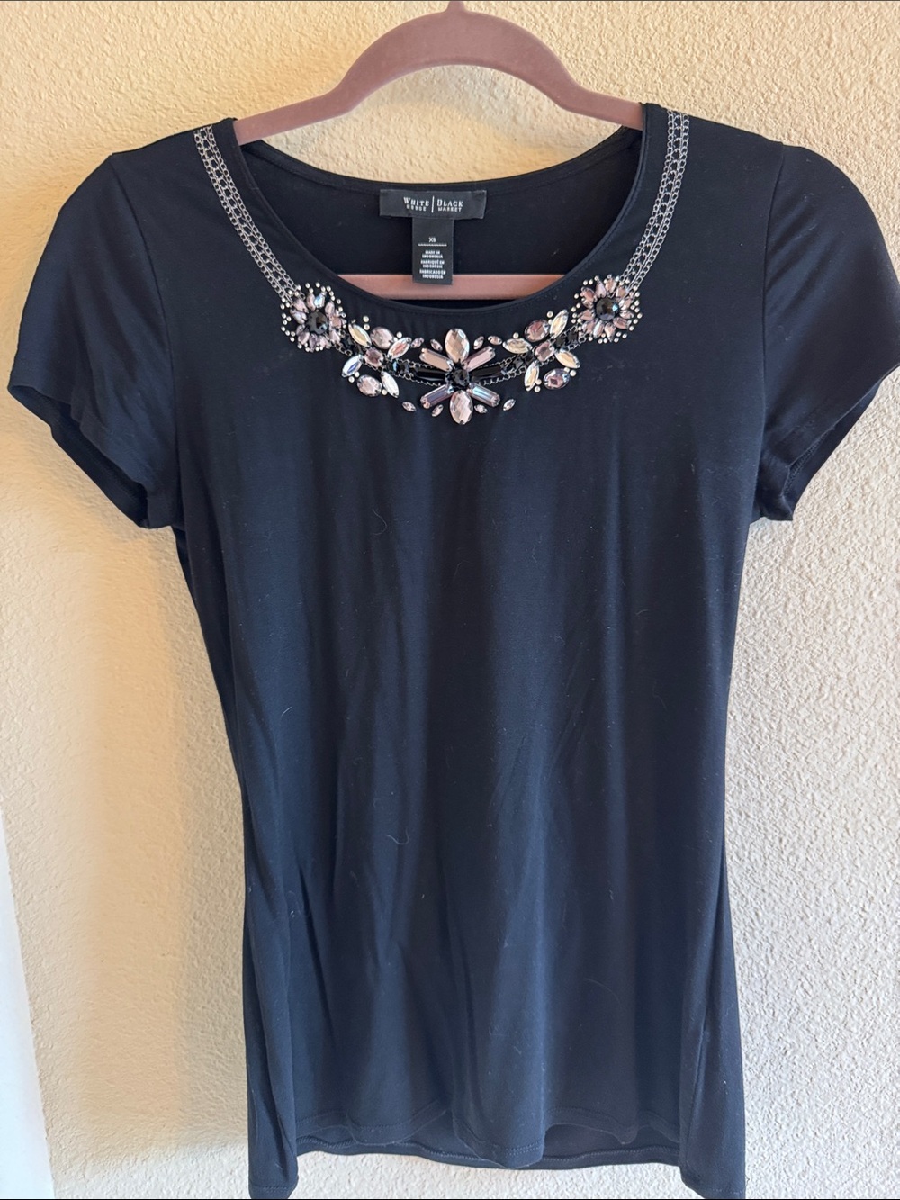 White House Black Market Black Jeweled Scoop Neck Short-Sleeve Top